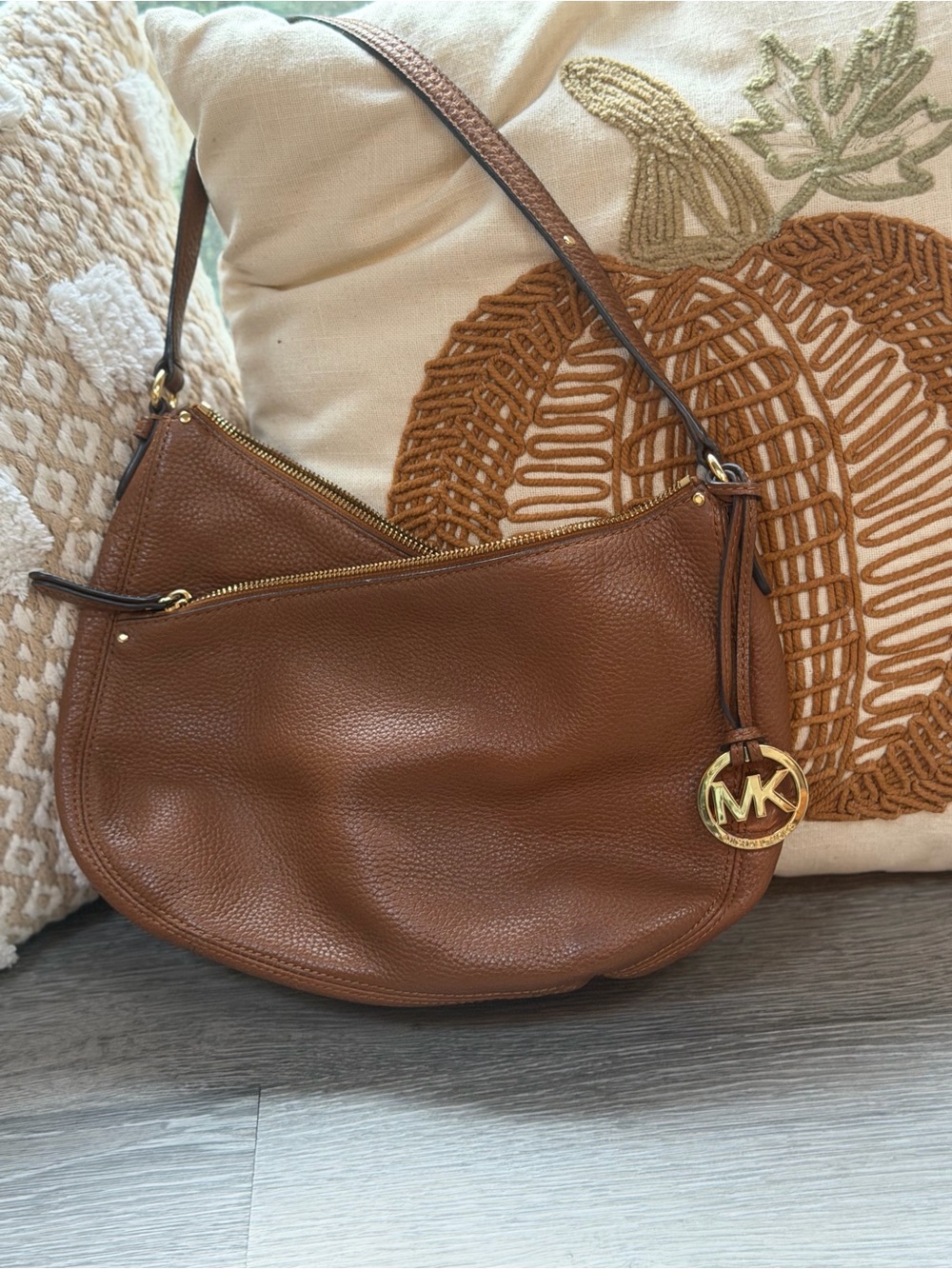 Michael Kors Cognac Pebbled Leather Hobo Shoulder Bag with Gold MK Charm